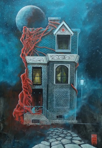 ''H.P. LOVECRAFT's - BŁĘKITNA KAMIENICA'' cykl ''Nie tak odległe..''- akryl na drewnianej płycie, oprawiony, 50-66cm, 2025r.jpg