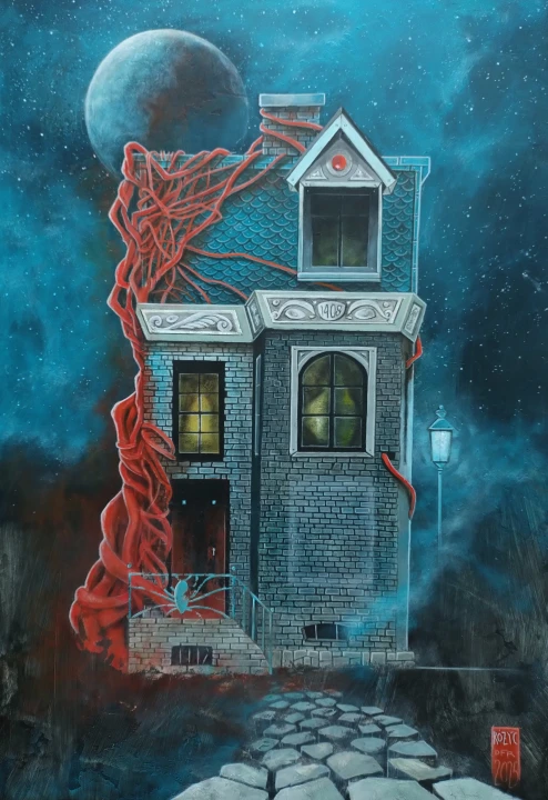 ''H.P. LOVECRAFT's - BŁĘKITNA KAMIENICA'' cykl ''Nie tak odległe..''- akryl na drewnianej płycie, oprawiony, 50-66cm, 2025r.jpg